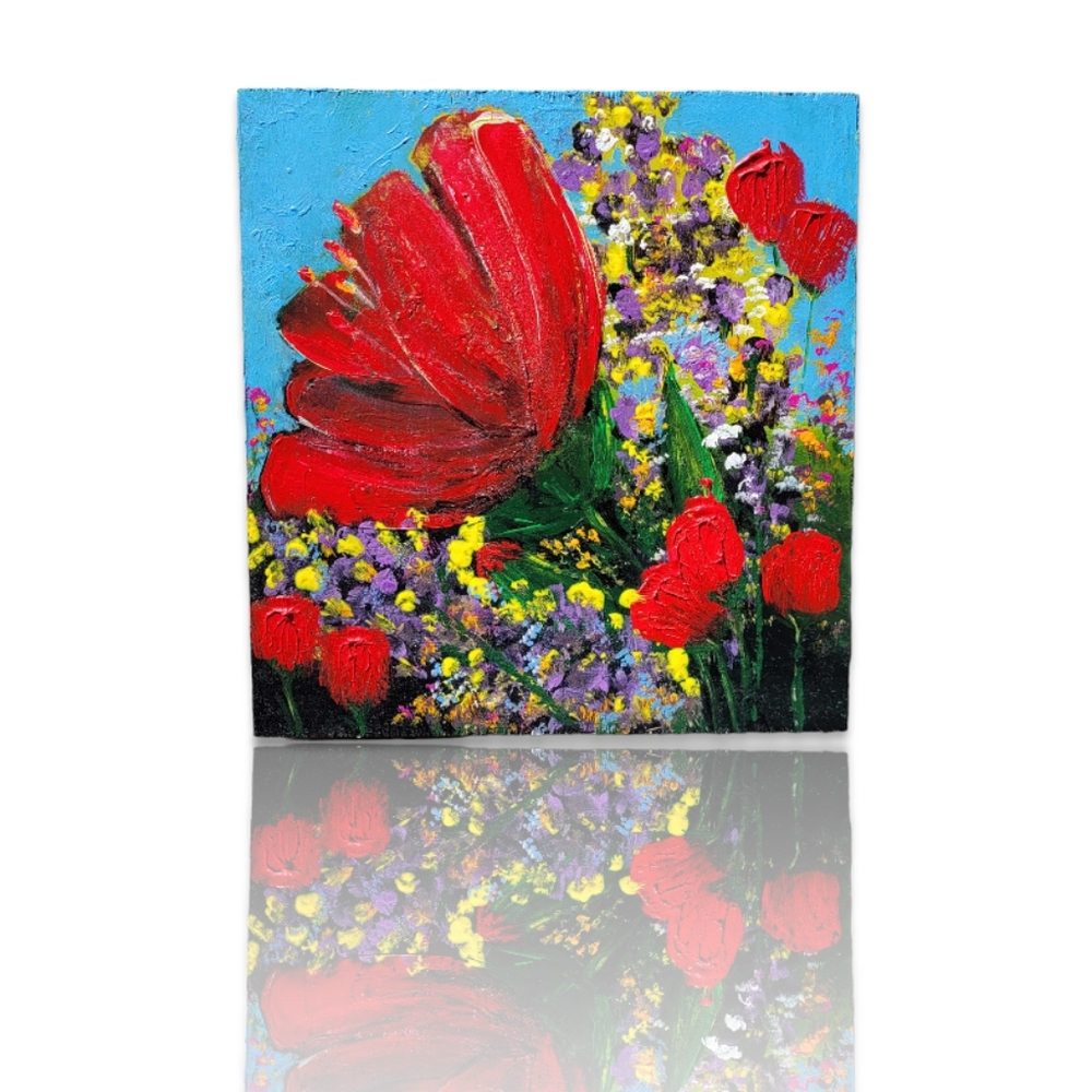 Original Red Poppy Flower Acrylic Painting on Upcycled Square Wood Board